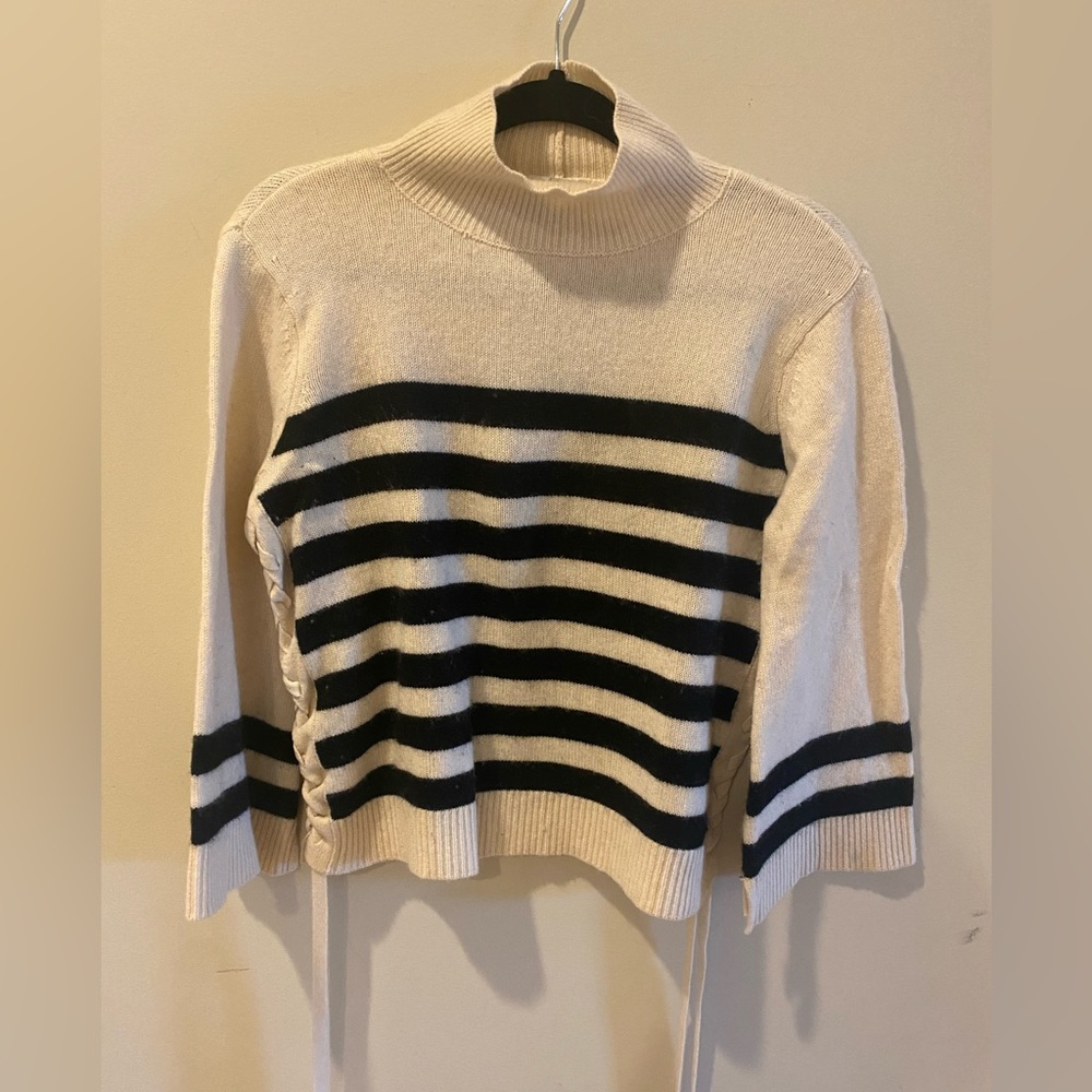 Joie Lantz Mock Neck Bell Lace-Up Wool Cashmere Womens Sweater Cream Black XS